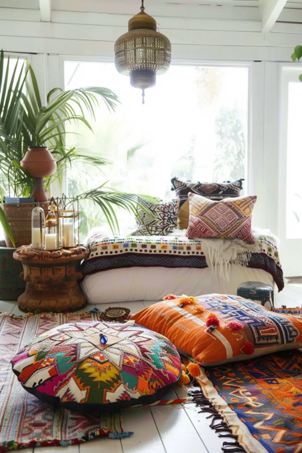 Cozy bedroom with floor pillows and poufs for extra seating