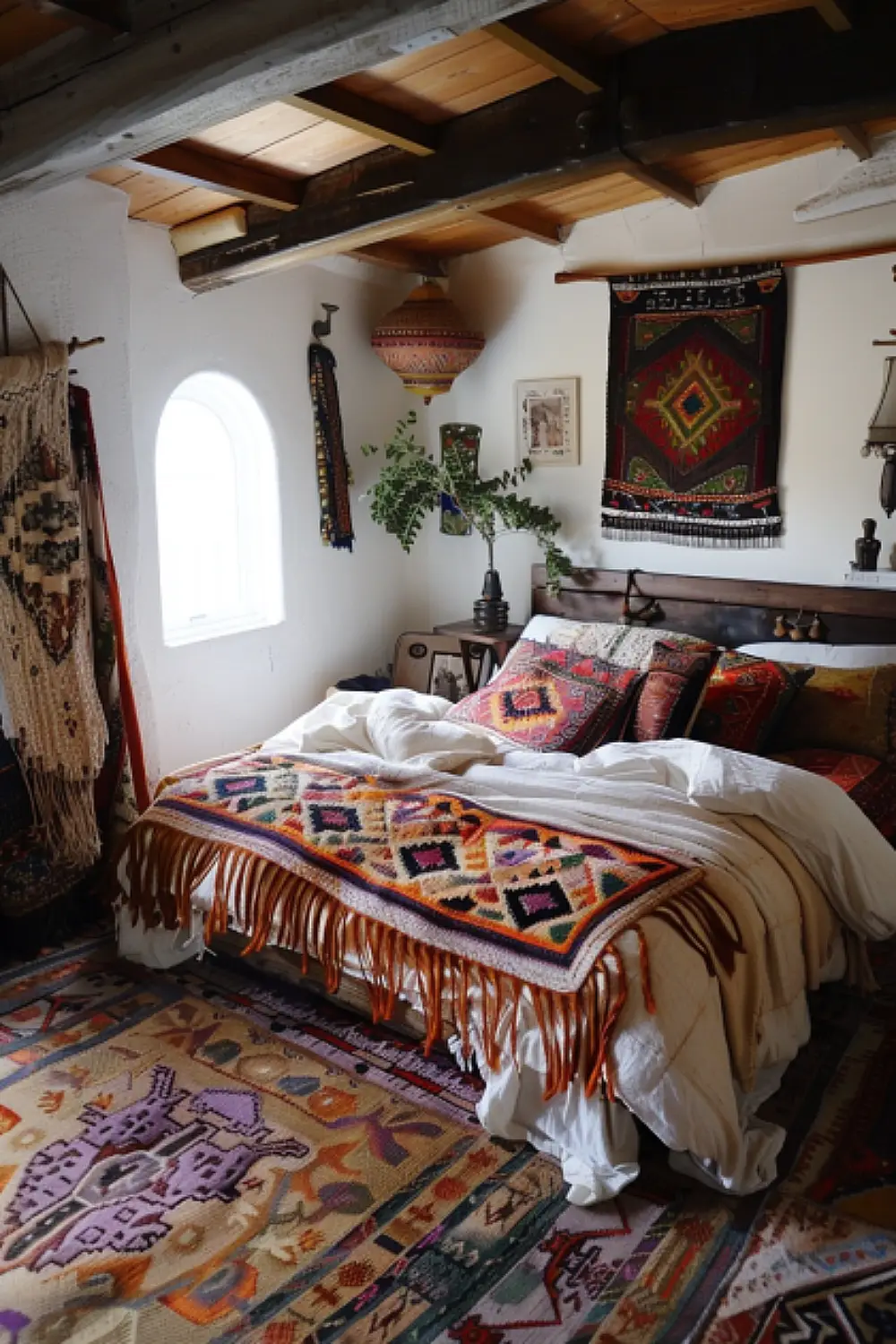 Boho bedroom with global inspirations and tribal rugs