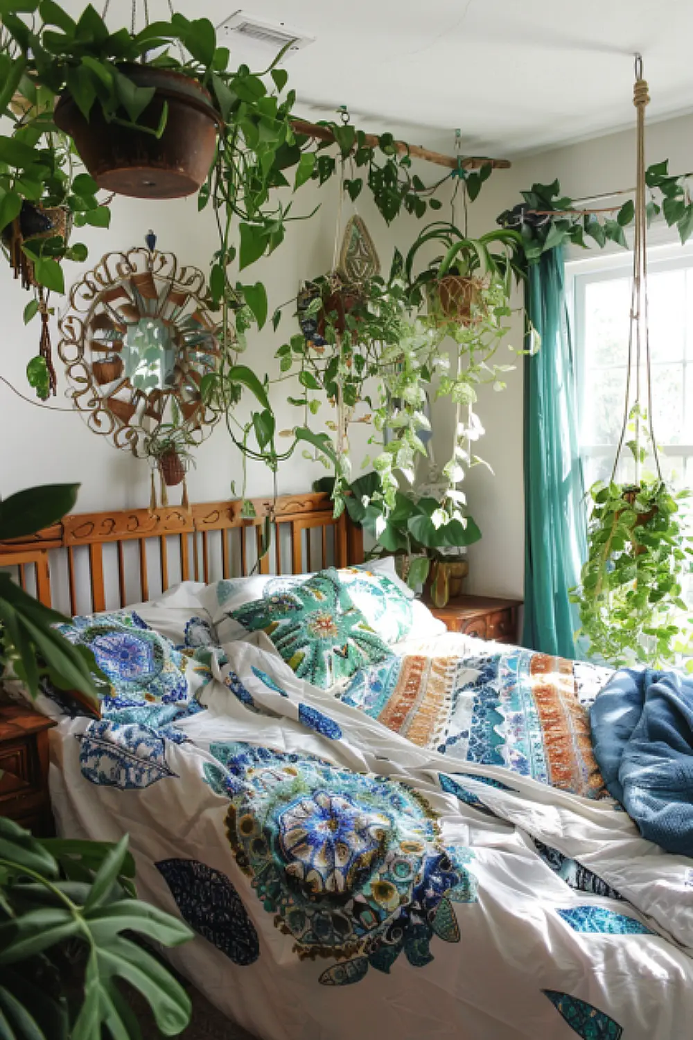 Bedroom with hanging plants and terrariums for a fresh look
