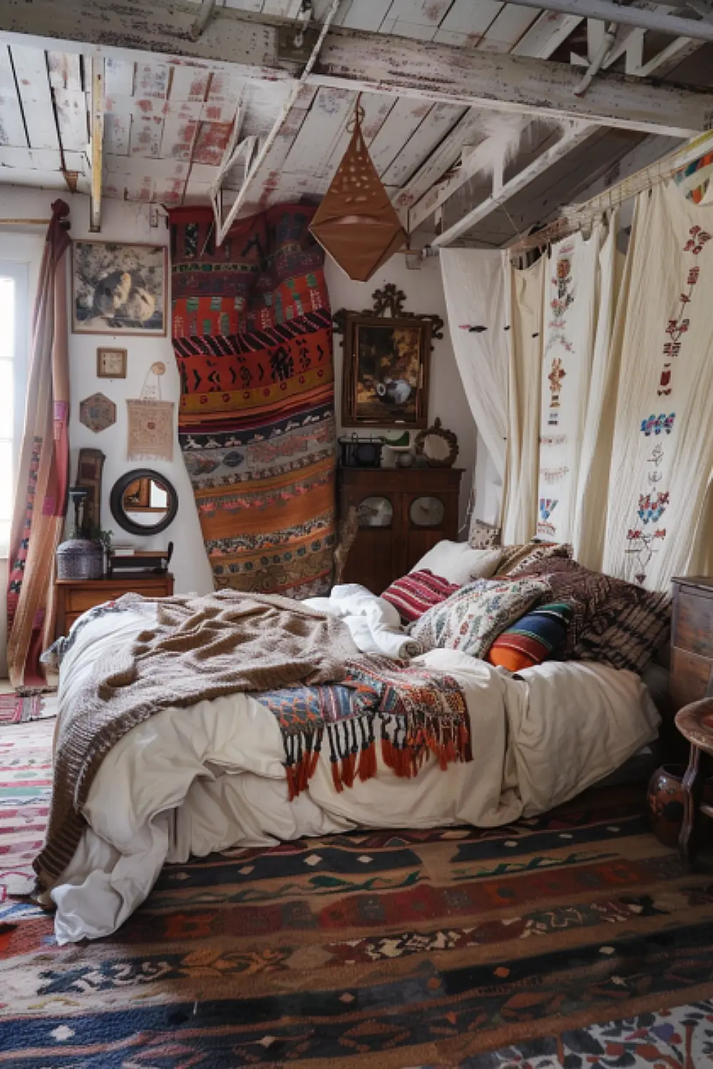 Cozy bedroom with layered rugs and mixed textiles