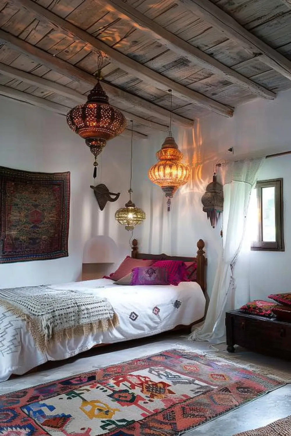 Boho bedroom with Moroccan accents and colorful poufs