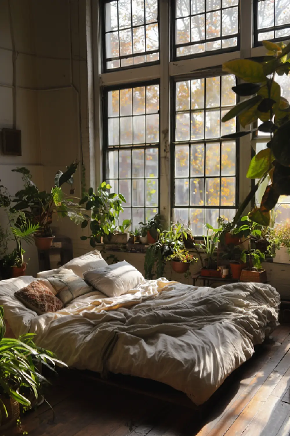 Bright and airy boho bedroom with natural light and greenery