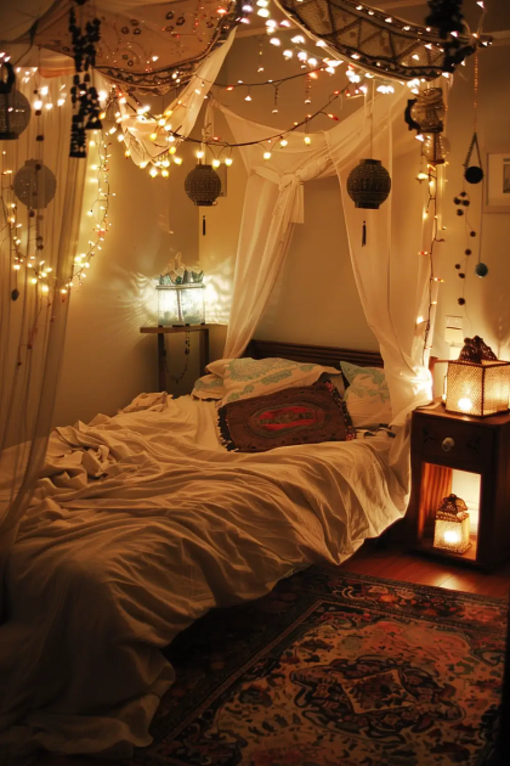 Boho bedroom with soft lighting and decorative lanterns