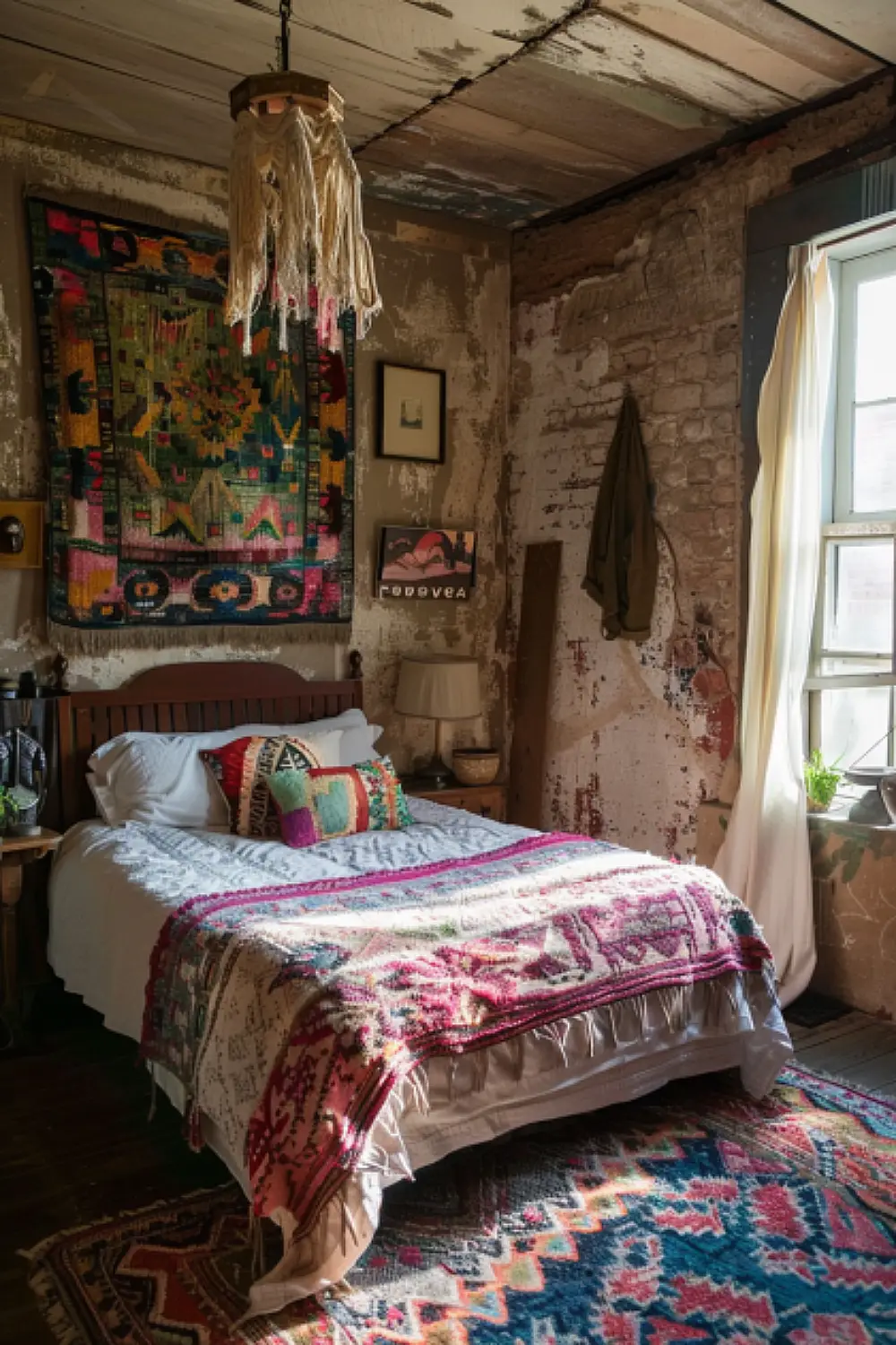Bedroom with textured wall hangings for a cozy feel