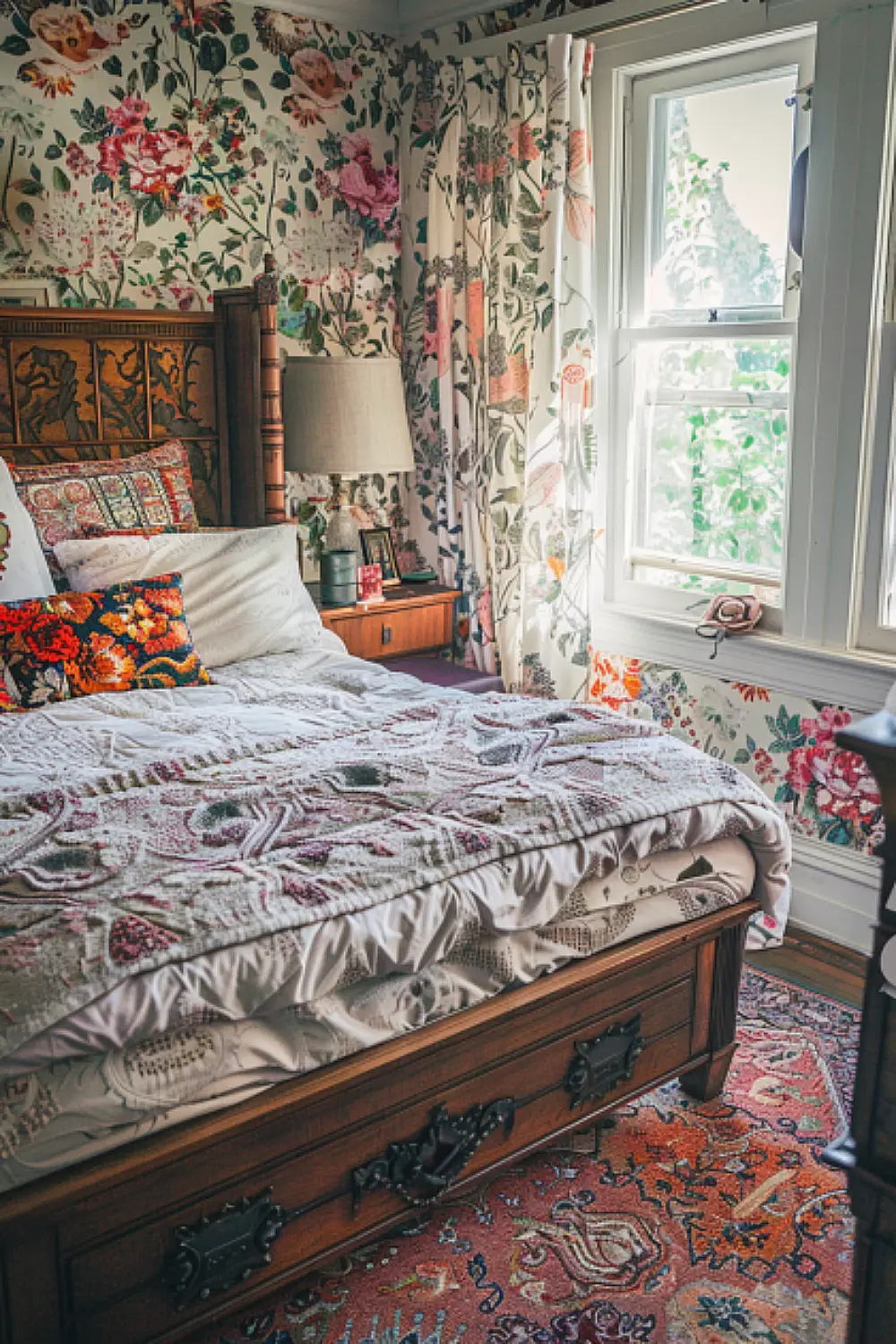 Boho bedroom with vintage furniture and floral patterns