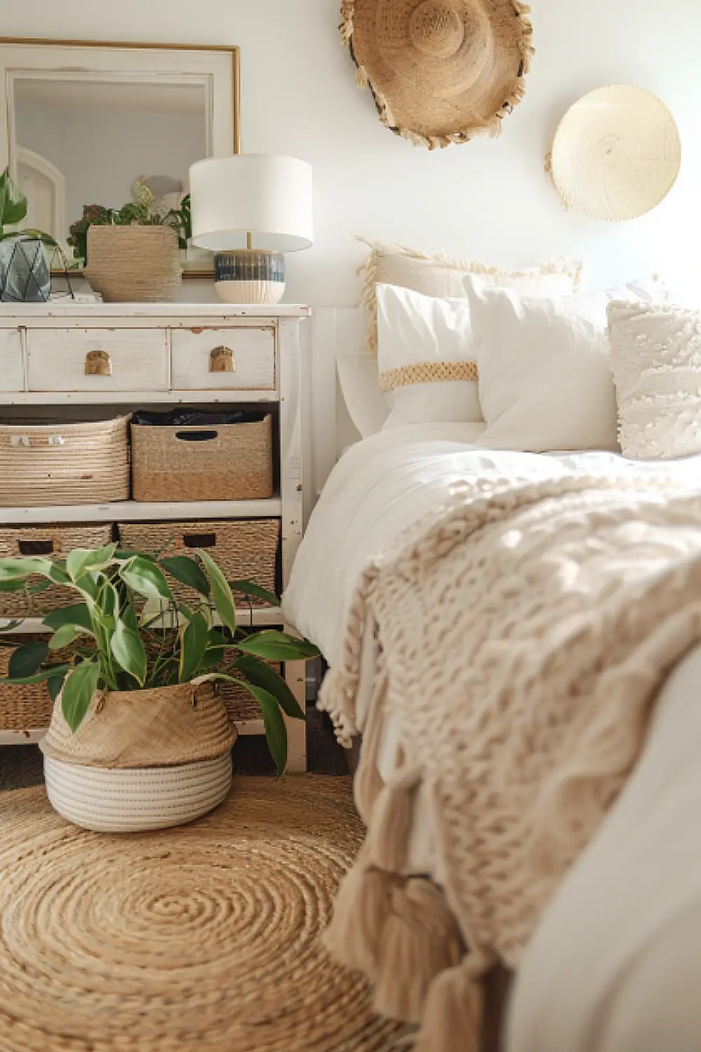 Bedroom with woven baskets for stylish storage