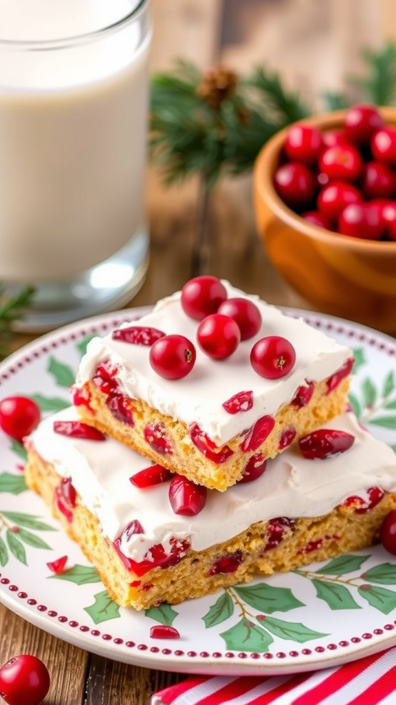 Delicious cranberry bliss bars topped with cranberries on a festive plate, alongside a glass of milk.