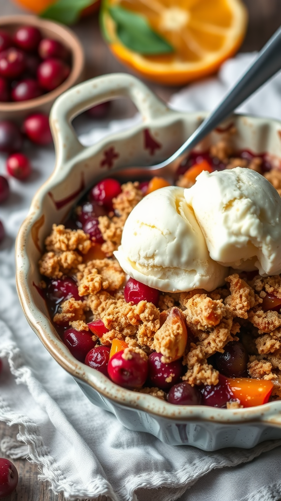 A bowl of cranberry orange crumble topped with vanilla ice cream, surrounded by fresh cranberries and orange slices.