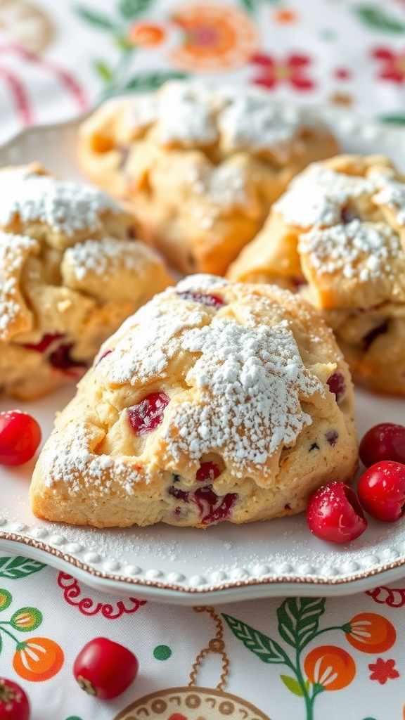 A plate of cranberry orange scones dusted with powdered sugar, surrounded by fresh cranberries.