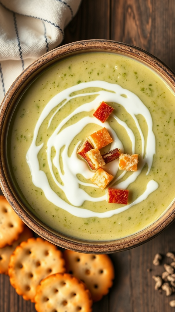 A bowl of cream of broccoli soup topped with a swirl of cream and croutons, accompanied by crackers.