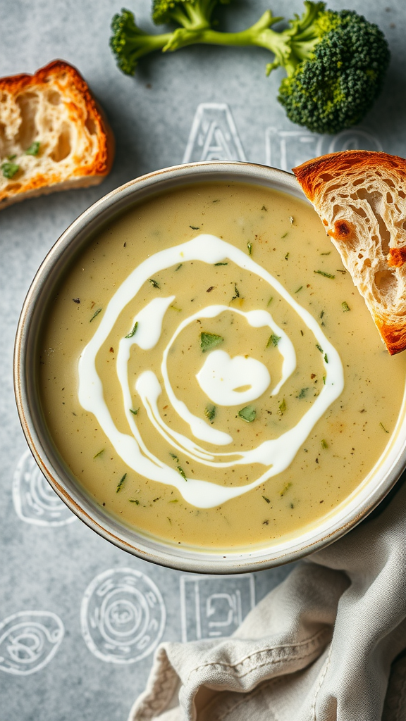 A bowl of cream of broccoli soup with a swirl of cream on top, accompanied by slices of bread and fresh broccoli.
