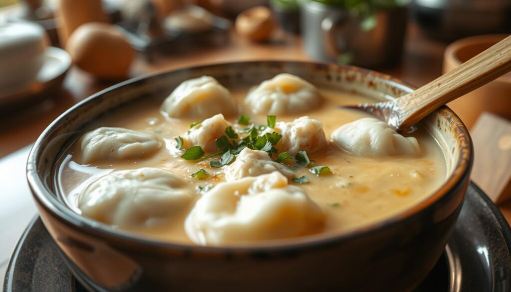 creamy broth and fluffy dumplings