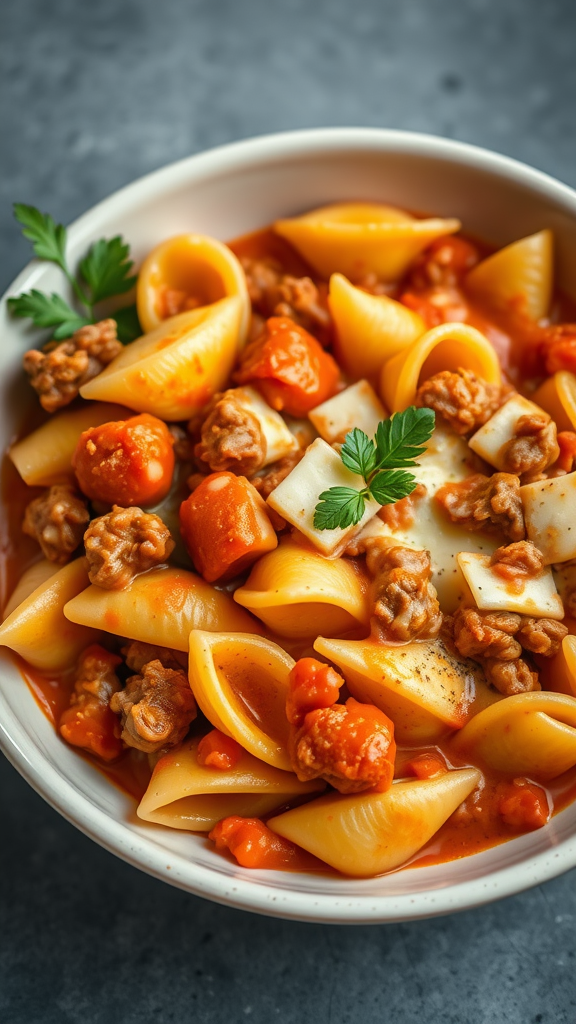 A bowl of creamy beef and shell pasta with vegetables and parsley garnish.