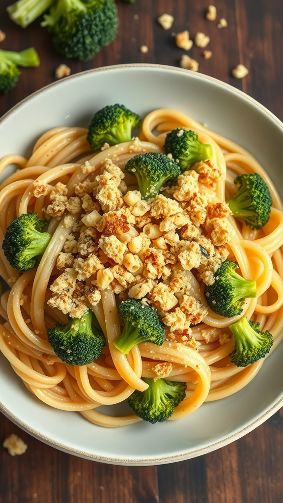A bowl of creamy broccoli pasta topped with crunchy bits and fresh broccoli florets.