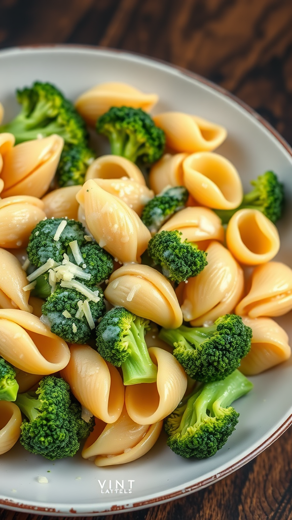 A bowl of creamy broccoli pasta with shells and fresh broccoli