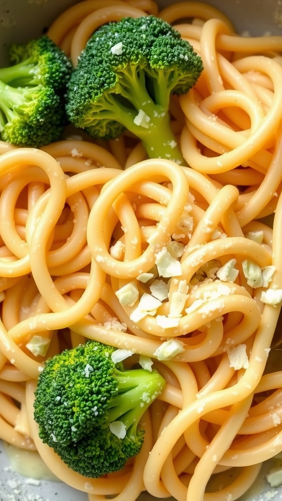 A close-up of creamy broccoli pasta featuring pasta strands and broccoli florets