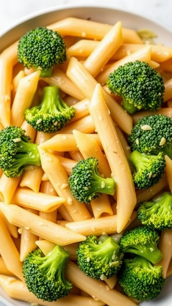 A delicious plate of creamy broccoli pasta with fresh broccoli florets and penne pasta.