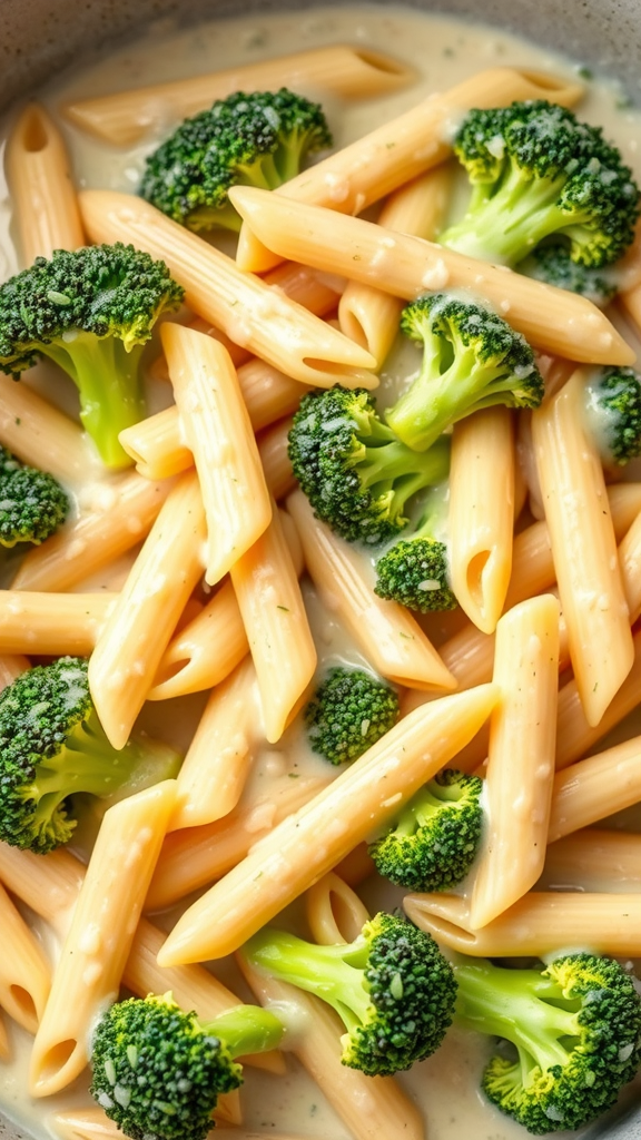 A bowl of creamy broccoli pasta featuring penne pasta and fresh broccoli in a creamy sauce.