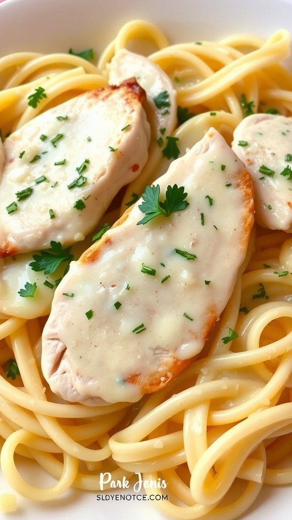 A plate of creamy chicken alfredo pasta with sliced chicken and parsley.