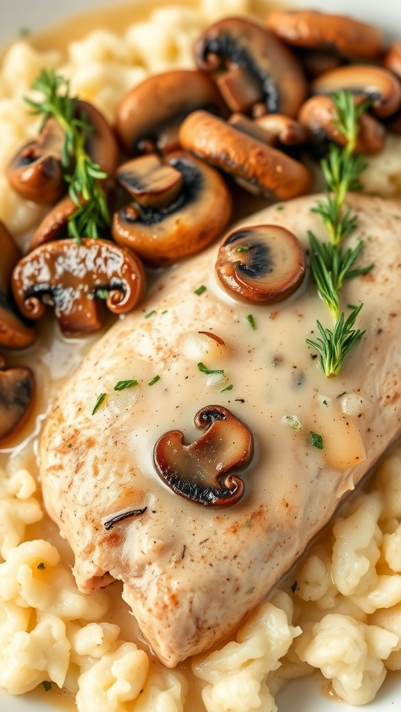 A plate of creamy chicken breast topped with mushrooms and herbs, served over mashed potatoes.