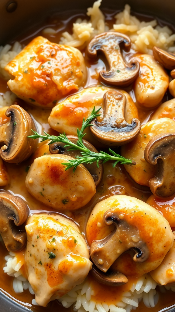A delicious creamy chicken and mushroom dish served over rice with herbs