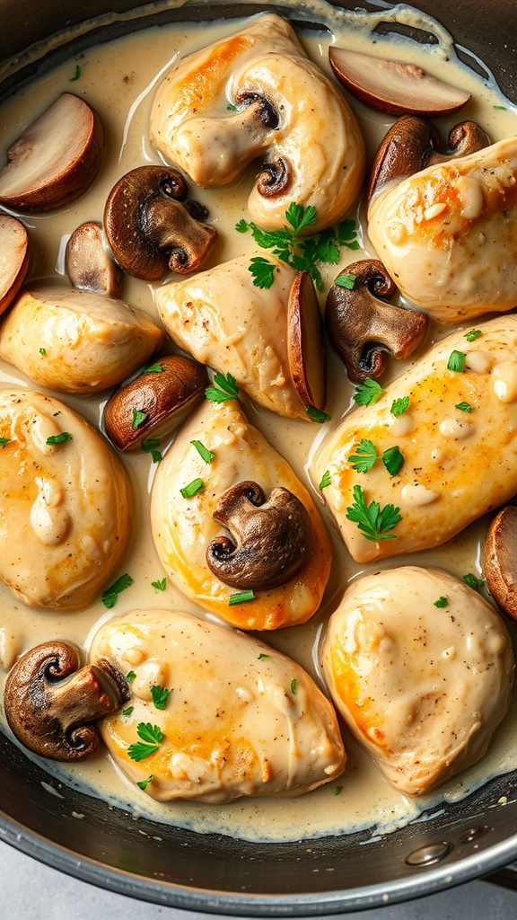 A creamy chicken and mushroom dish in a skillet