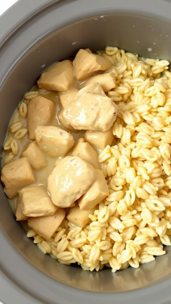 Crockpot filled with creamy chicken and rice
