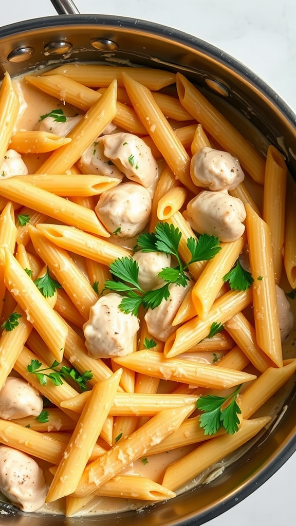 A pan of creamy chicken pasta with penne and parsley