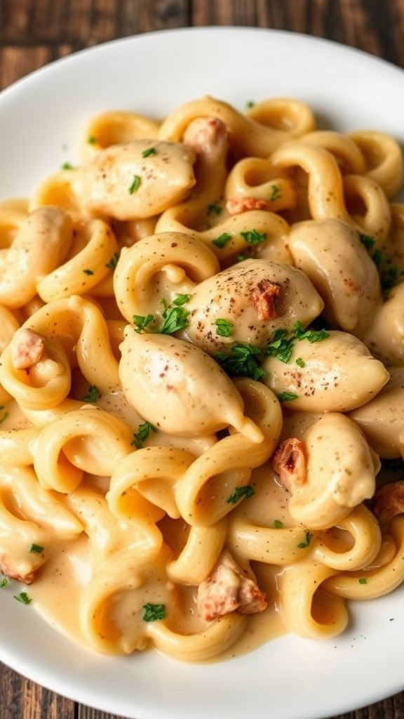 A plate of creamy chicken pasta garnished with parsley.
