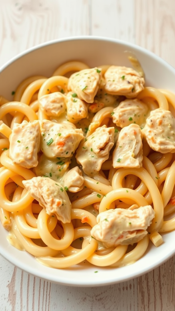 A bowl of creamy chicken pasta with tender chicken pieces served over noodles.