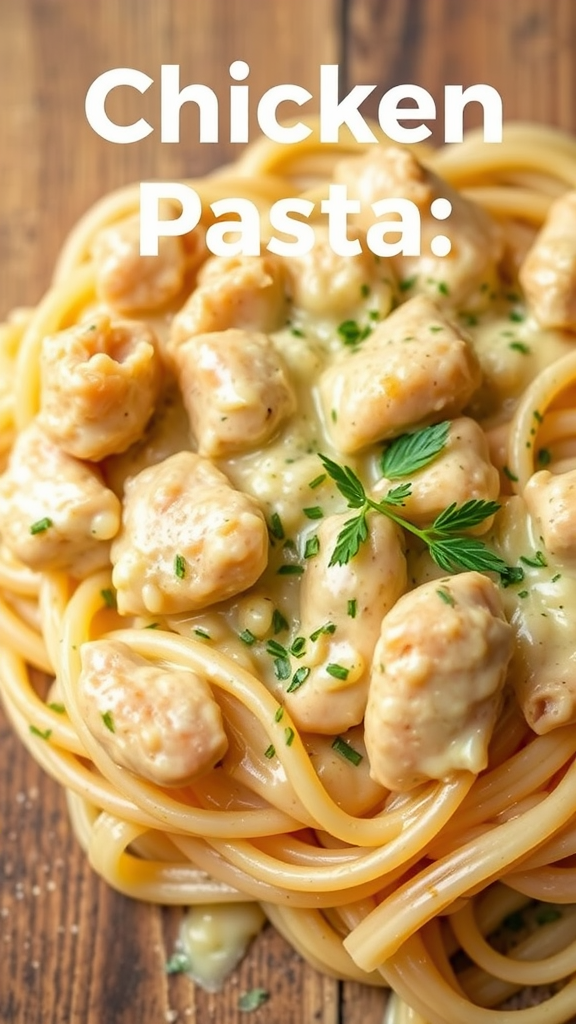 A plate of creamy chicken pasta with herbs on top