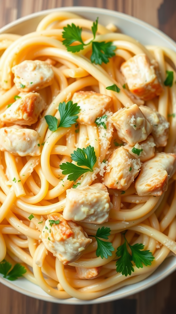 A close-up of creamy chicken pasta topped with parsley.