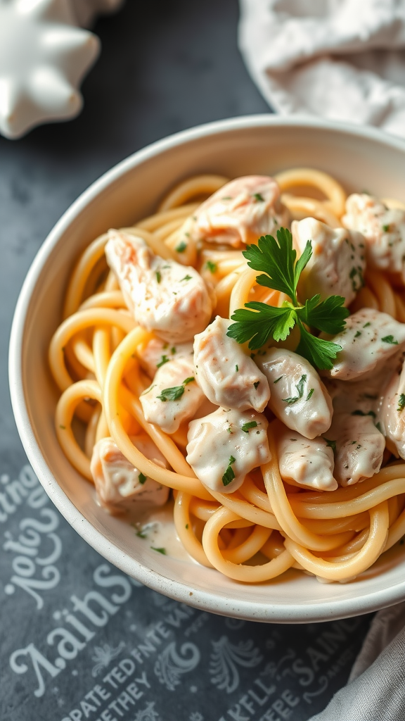 A bowl of creamy chicken pasta topped with parsley