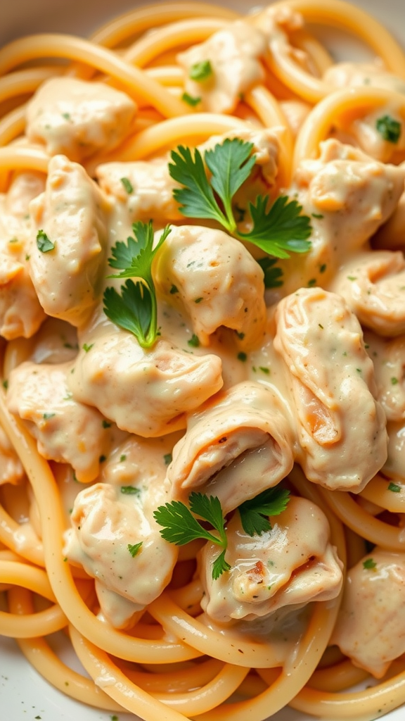 Plate of creamy chicken pasta with spaghetti and herbs