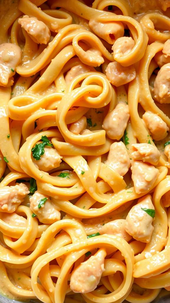 A close-up of creamy chicken pasta with fettuccine noodles and small pieces of chicken