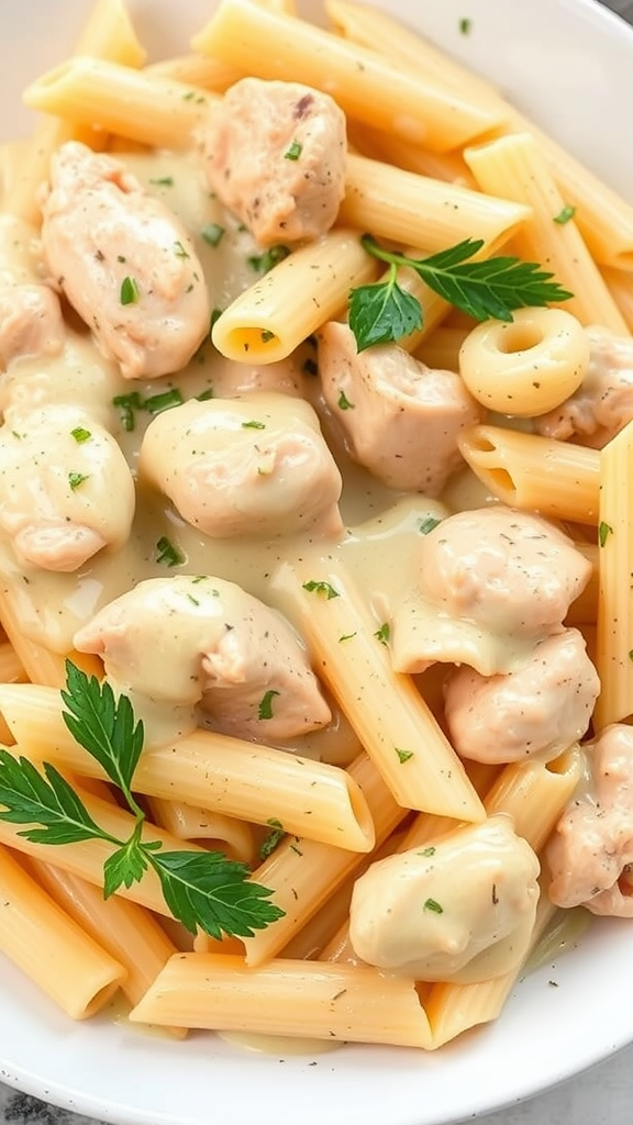 A plate of creamy chicken pasta with herbs