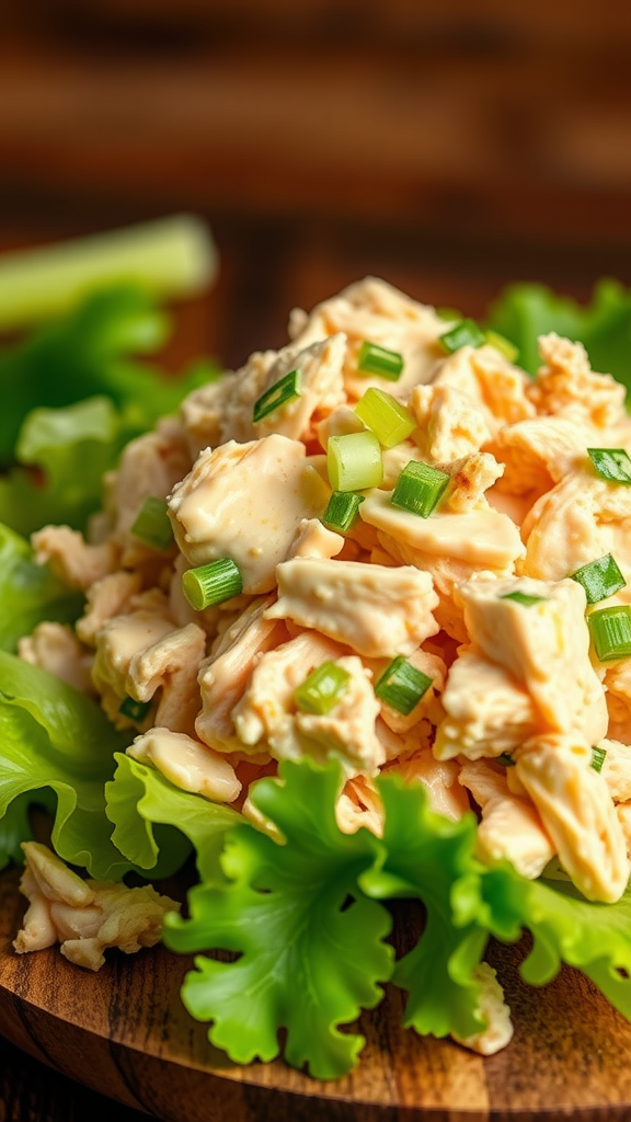A delicious creamy chicken salad on a wooden platter with bright green lettuce.