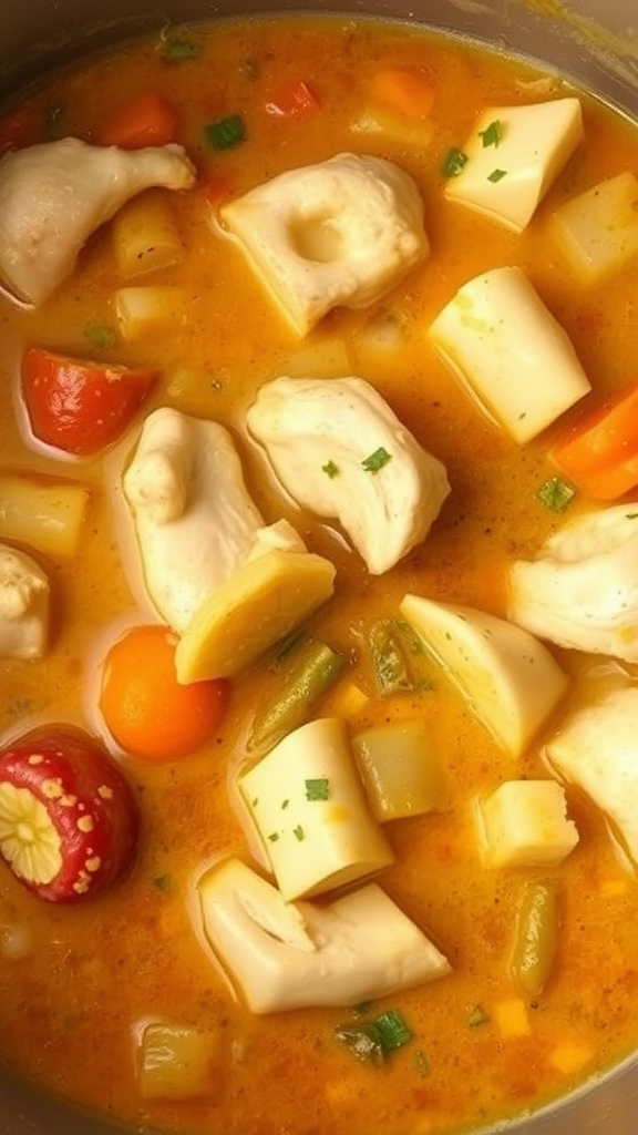 A bowl of creamy chicken stew with chunks of chicken, potatoes, and colorful vegetables in a thick broth.