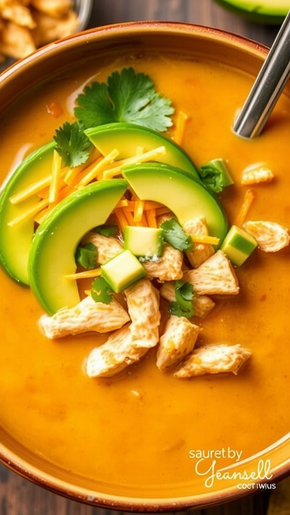 A bowl of creamy chicken tortilla soup topped with avocado slices, cheese, cilantro, and chicken pieces.