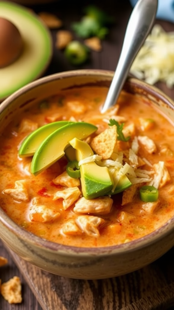 A bowl of creamy chicken tortilla soup topped with avocado and tortilla strips.
