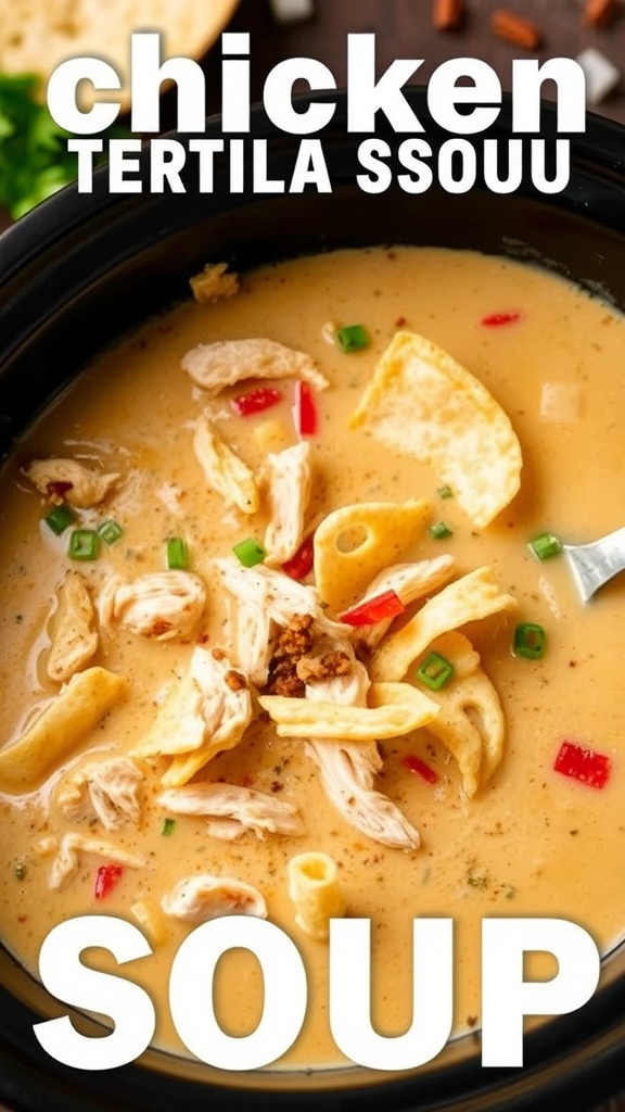 A bowl of creamy chicken tortilla soup with tortilla strips and green onions