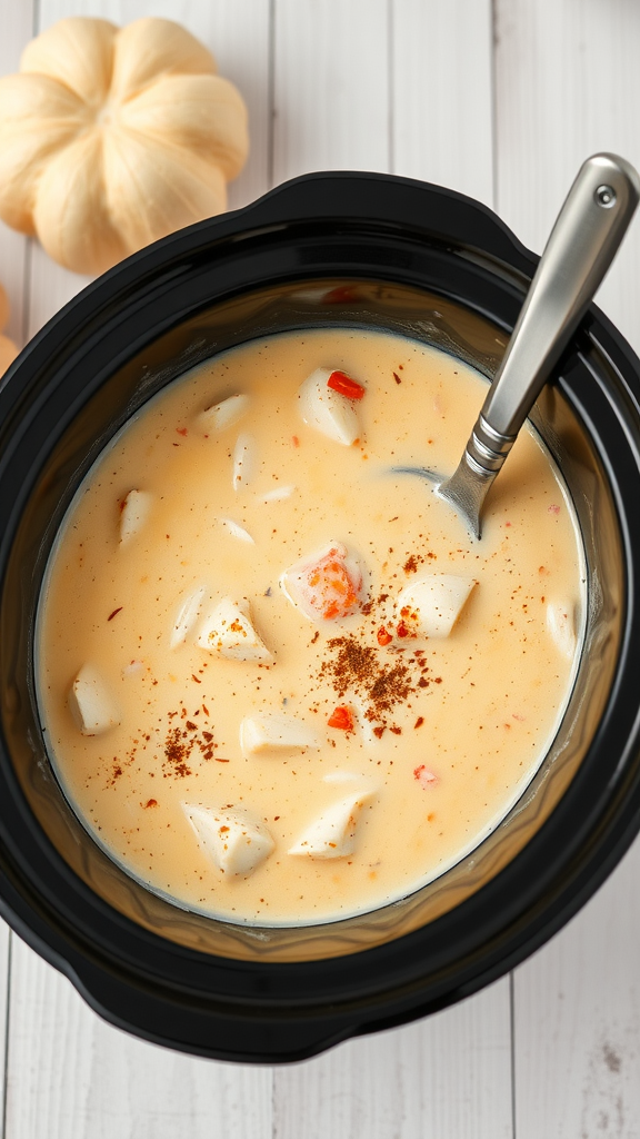 A bowl of creamy crab soup in a black crockpot with a spoon, surrounded by decorative pumpkins.