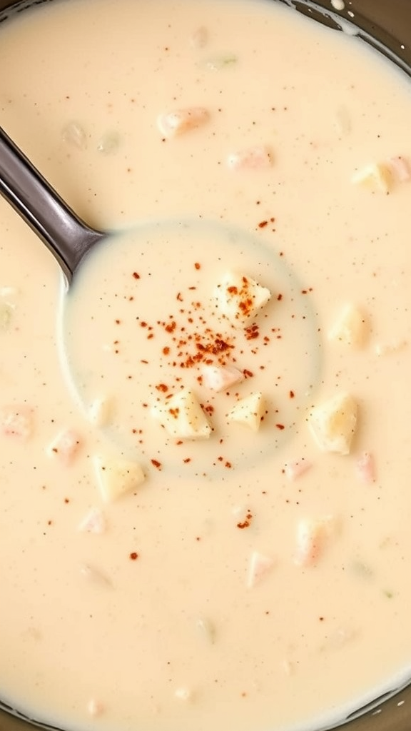 A creamy crab soup with diced vegetables and a sprinkle of paprika.