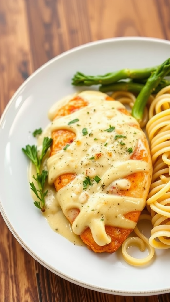 Plate of creamy garlic chicken with spaghetti and asparagus