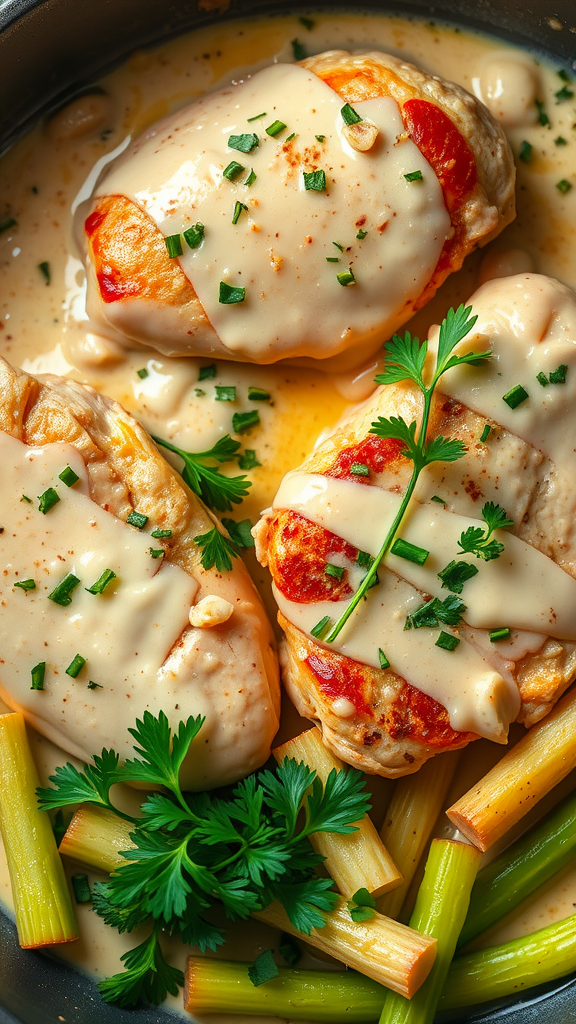 Creamy Garlic Chicken with sauce and herbs