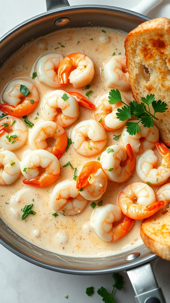 A skillet with creamy garlic shrimp, garnished with parsley and served with bread.