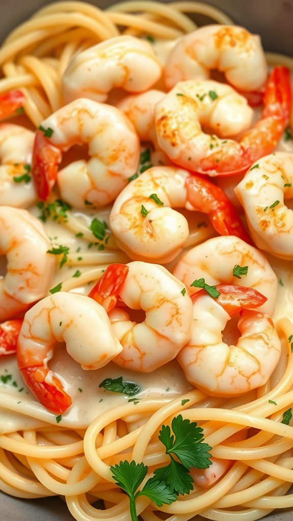 Plate of creamy garlic shrimp with pasta garnished with parsley
