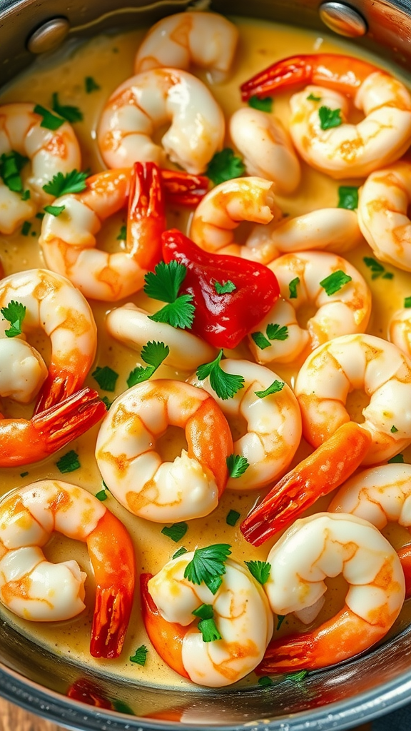 A pan filled with creamy garlic shrimp, garnished with parsley.