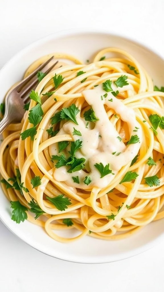 A plate of creamy herb pasta topped with parsley