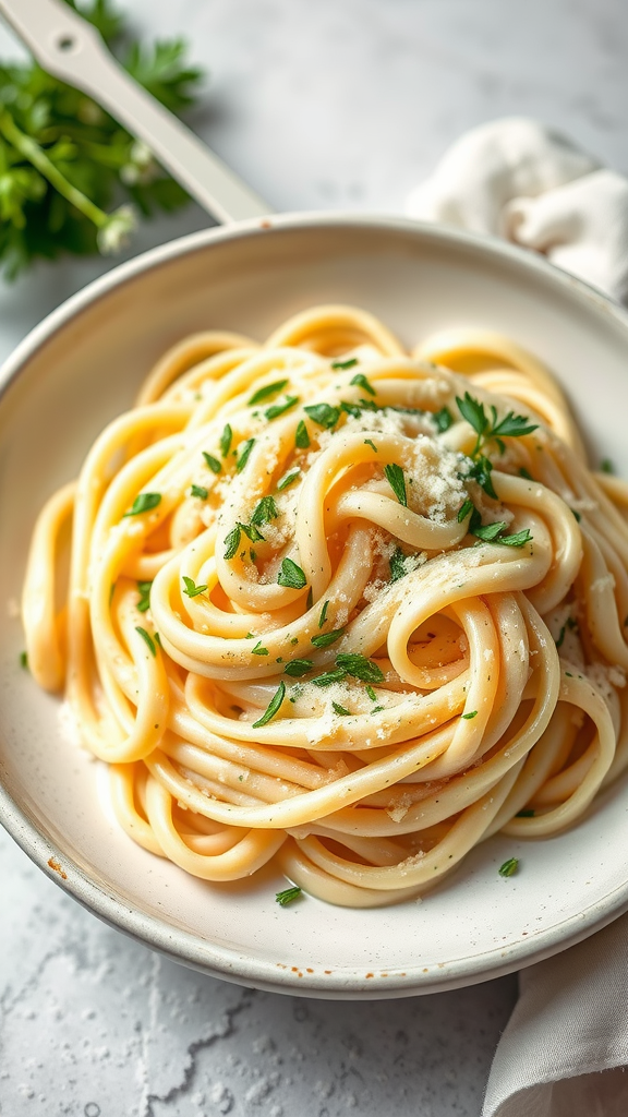 A bowl of creamy herb pasta topped with fresh parsley.